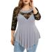 Women's Plus Size Floral Lace Solid Color Irregular Hem See-through Round Neck Tops