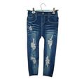 Women Printed Denim Look Jean Style Capri Stretch Jegging Skinny Pants, Blue Hole