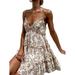 Sunisery Women Spaghetti Strap Swing Dress, V Neck Backless Floral Print Ruffle Trim Mini Short Dress