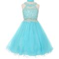 Big Girls' Sparkle Rhinestones Halter Lace Junior Bridesmaid Pageant Flower Girl Dress Aqua 14 (C50C40C)