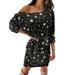 Winnereco Women Lace-up Star Print Off Shoulder Long Sleeve Loose Dresses (Black L)