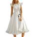 Winnereco Women White Petal Sleeves Vintage Dress High Waist Elegant Dresses (M)