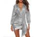 Sexy Bandage Bodycon Pencil Evening Cocktail Party Club Dresses Women's Fashion V-Neck Long Sleeve Wrap Dress - Sliver - M