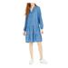 TOMMY HILFIGER Womens Blue Solid Long Sleeve V Neck Below The Knee Shirt Dress Dress Size L