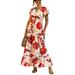 Avamo Women Boho Beach Dress Short Sleeve V-Neck Vintage Fashion Empire Waist Floral Printed Tiered Maxi Dress with Waistband Red (Flower) XXL(US 14-16)