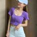 Women's Fashion Square Collar Hollow Ruffled Short Section Exposed Navel Knitted Short-sleeved T-shirt Sweater