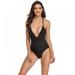 Linen Purity High Wasted Black One Piece Swimsuit - Women's Swimwear Deep V-Neck Plunge Backless High Waisted One Piece Swimsuit