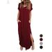 Gustavedesign Women Casual Long Pocket Dress Solid Color V Neck Short Sleeve Split Maxi Dress Loose Summer Party Beach Outfit Dress "Red, S"
