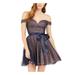 TEEZE ME Womens Navy Textured Sequined Short Sleeve Off Shoulder Above The Knee Fit + Flare Evening Dress Size 13\14