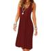 Niuer Women Solid Color Cami Dress Summer Beach Baggy Kaftan Tunic Dress Sleeveless Sexy Crew Neckline Flare Swing Dress Wine Red XXL