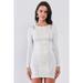 White Sequined Center Front Detail Long Sleeve Mini Dress M