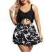 Women's Drawstring Front Hollow Out Cutout Swimdress Floral Printed Boho One Piece Skirt Swimsuit Dress