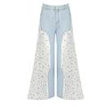 Urobanpeeg Denim Destroyed Jeans Split Joint Lace Tulle Splice High Waist Pants Trousers