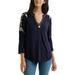 Lucky Brand Womens Embroidered Long Sleeves Pullover Top