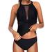 Padded Swimsuits for Women Two Piece High V Neck Bathing Suit Plunge Mesh Monokini Beach Swimwear