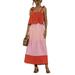 Womenâ€™s Summer Sleeveless Casual Dress Patchwork Color Block Strappy Ruffled Loose Maxi Dress Sundress