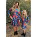 Family Matching Flower Print Midi Dress Mommy and Me O-Neck Long Sleeve Short Dress Summer Fall Outfits Blue