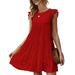 Womenâ€™s Summer Dress Sleeveless Ruffle Sleeve Crewneck Mini Dress Solid Color Loose Fit Short Flowy Pleated Dress