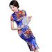 ESSEN Cheongsam Women Chinese Short Sleeve Floral Print Brocade Cheongsam Banquet Midi Dress