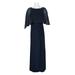 Adrianna Papell Boat Neck Embellished Shoulder 3/4 Sleeve Cape Solid Chiffon Dress-MIDNIGHT