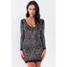 Rhinestone Studded Sheer Mesh Deep V-neck Long Sleeve Bodycon Dress M