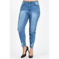 Plus size denim jeans with whiskered wash distressed hem and high waist line