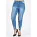 Plus size denim jeans with whiskered wash distressed hem and high waist line