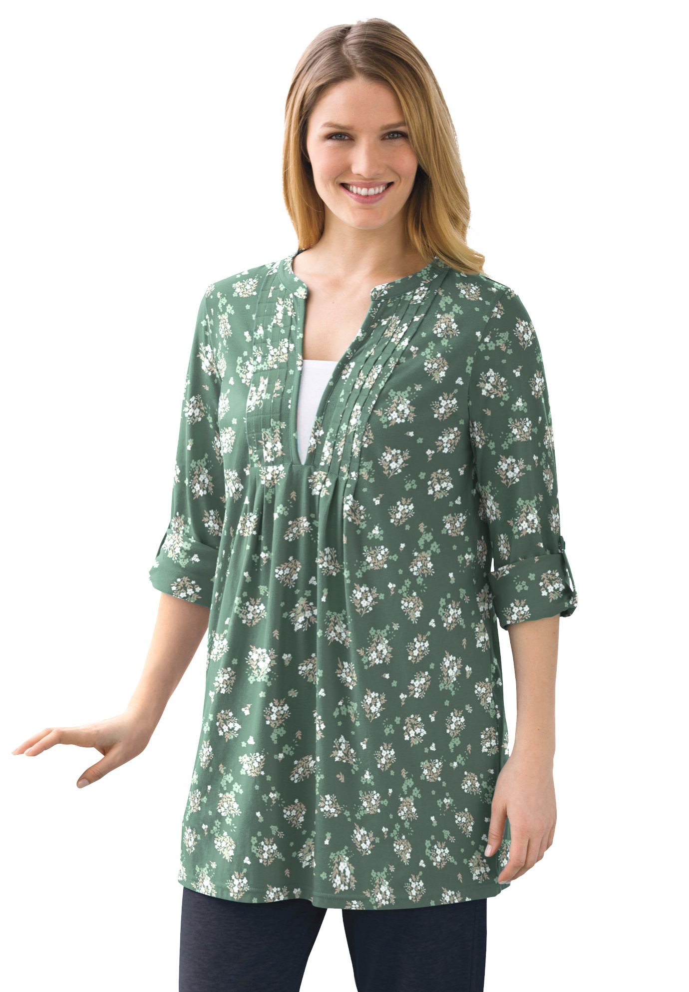 Plus Size Women's 7-Day Layered-Look Tunic by Woman Within in Pine Ditsy Bouquet (Size 22/24)
