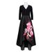 Theia V-Neck Long Sleeve Zipper Back A-Line Floral Print Crepe Mikado Dress-BLACK MULTI