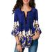 Women's Tunic Top Loose Long Sleeve V Neck Button Up Pleated Floral Henley Shirts Blouse T Shirt Ladies Floral Printed Long Sleeve Henley V Neck Pleated Casual Flare Tunic Blouse Shirt