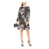 JESSICA HOWARD Womens Black Floral Long Sleeve Jewel Neck Above The Knee Shift Wear To Work Dress Size 12P