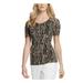 DKNY Womens Black Ruched Animal Print Short Sleeve Jewel Neck Top Size M