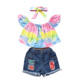 Listenwind Girl Short Jeans Set Ruffle Flying Short Sleeve Boat Neck Top + Denim Ripped Shorts Jeans 2PCS Outfit Set (D-Blue, 3-4 Years)