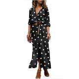 Casual Sun Dress Women Button Down Long Skirt Polka Dot Shirt Dress Long Sleeve Split V-Neck Party Club Lounge Outdoors Outfit Dresses for Ladies