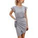 Womens Summer Casual Short Dress Ruched Stretchy Bodycon Belted Wrap Dress Plain O-neck Ruffle Sleeve Beach Party Dress