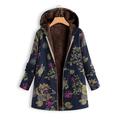 Women Jacket Teddy Coat Winter Women Windbreaker Floral Print Warm Outwear Hooded Pockets Vintage Coats Plus Size