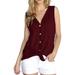 Womens Sleeveless Waffle Knit Tunic Blouse Tie Knot Henley Tops Loose Fitting Bat Wing Plain Shirts