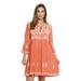 Riviera Sun 3/4 Sleeve Embroidered Button Front Tunic Dresses for Women (Coral, Large)