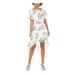 ADRIANNA PAPELL Womens White Patterned Short Sleeve Jewel Neck Below The Knee Hi-Lo Evening Dress Size S