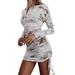 Oaktree Spring and summer ladies sexy round neck printed ruffled tie long-sleeved dress, printed ruffled tie long-sleeved slim women's casual fashion dress