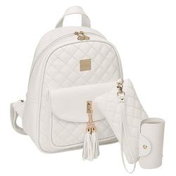 3 Pieces Tassels Women Backpack Shoulders Bag Set PU Leather Rhomboids Backpacks Stylish School Daypack, White