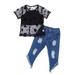 Kiapeise Toddler Girl Summer Outfit Lace Short Sleeve T-Shirt Ripped Denim