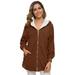 Meterk Women Hooded Jacket Faux Lam Wool Long Sleeve Zipper Pockets Plus Size Winter Casual Coat Outwear