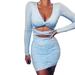 Women's Sexy Bodycon Dress Deep V Neck Long Sleeve Cut Out Club Mini Dress