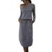 Women Loose Long Sleeve Dress Off Shoulder Pocket Side Split Shirt Dress Lace Up Waist Overall Dresses for Ladies Casual Plain Wrap Dress