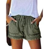 UKAP Womens Summer Drawstring Pocketed Elastic Waist Tassels Denim Shorts Casual Fit Stretch Jeans Green M(US 6-8)