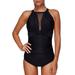 Women One Piece Swimsuit,made of Smooth Fabric Material, More Stretchy, Comfortable and Soft, High Neck V-Neckline Ruched Monokini Swimwear XL
