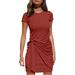 New Women's Casual Short Sleeve T Shirt Dress Crewneck Bodycon Ruched Tie Waist Mini Dresses