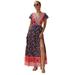 Vintage Women Short Sleeve Summer Boho Long Maxi Dress Evening Cocktail Party Beach Dresses Sundress Ladies Floral Print Long Maxi Split Hem Wrap Sundress Size 4-18