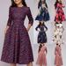 Besufy Autumn Women Elegant Flower Feather Print 3/4 Sleeve Round Neck A-line Dress